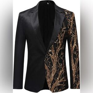 Mens Tux Dress Blazer Slim Fit Gold Sequin Suit Jacket Sport Coat size MEDIUM